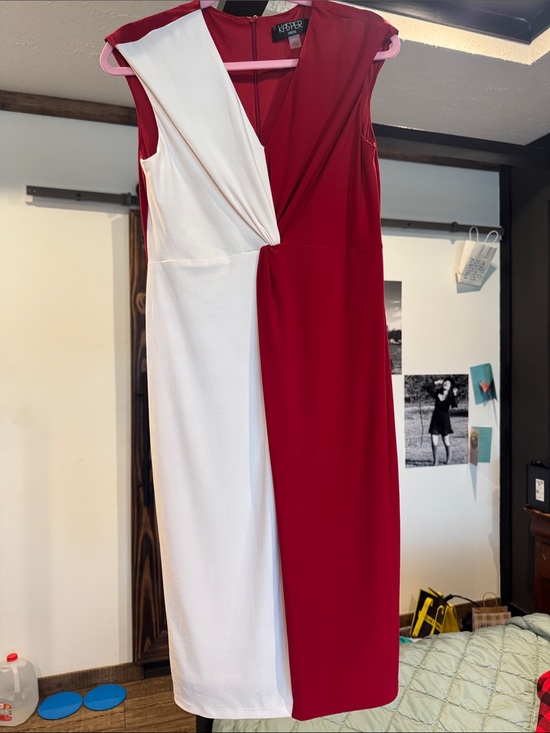 Kasper Dresses & Skirts - Kasper Red and White Twist-Front Midi Sheath Dress